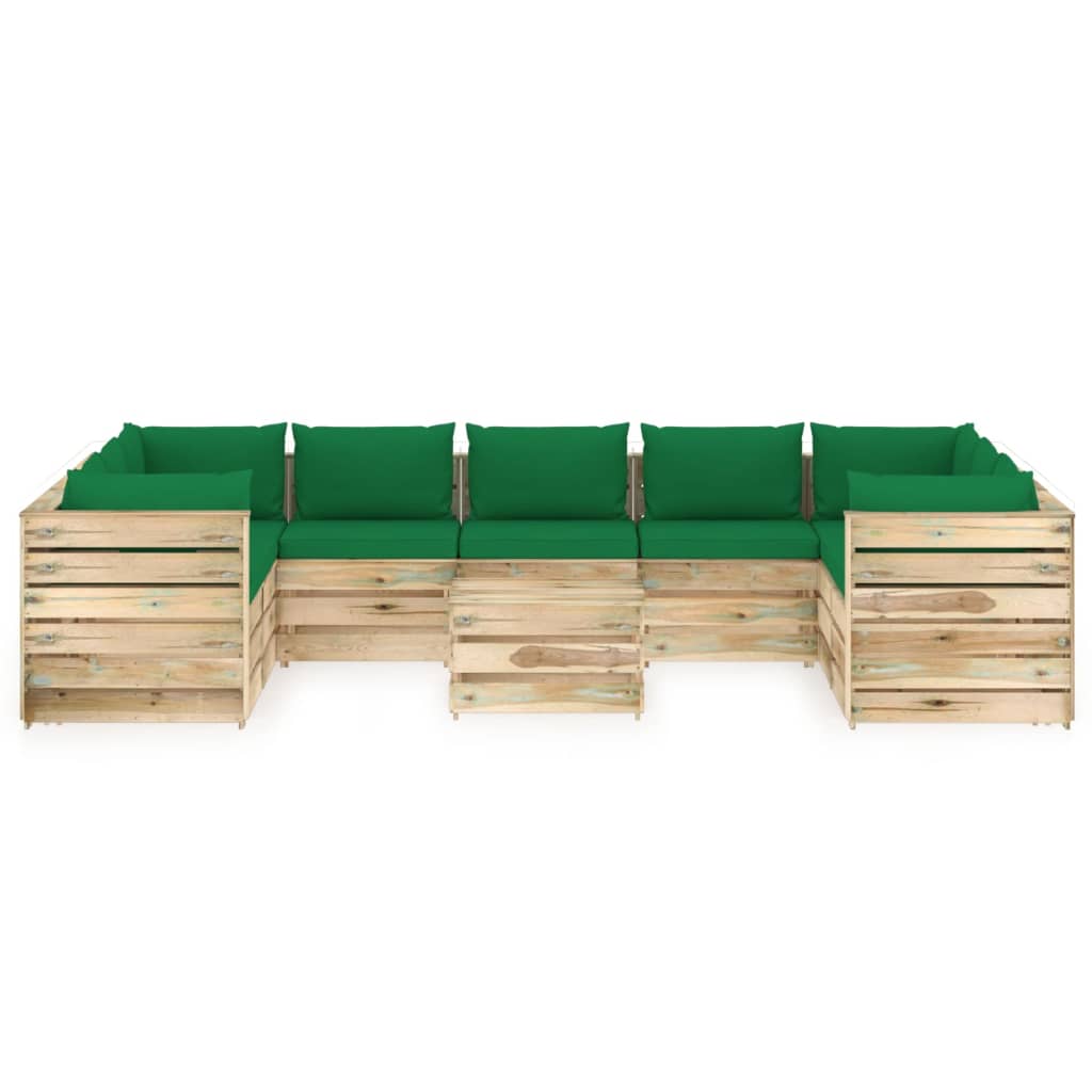 vidaXL Muebles de jardín 10 piezas con cojines madera impregnada verde