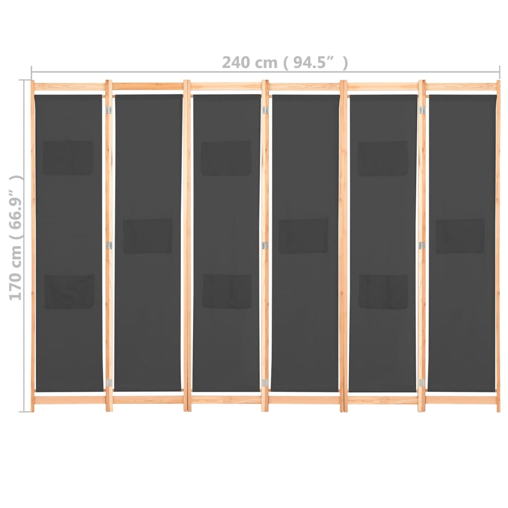 vidaXL Biombo divisor de 6 paneles de tela gris 240x170x4 cm