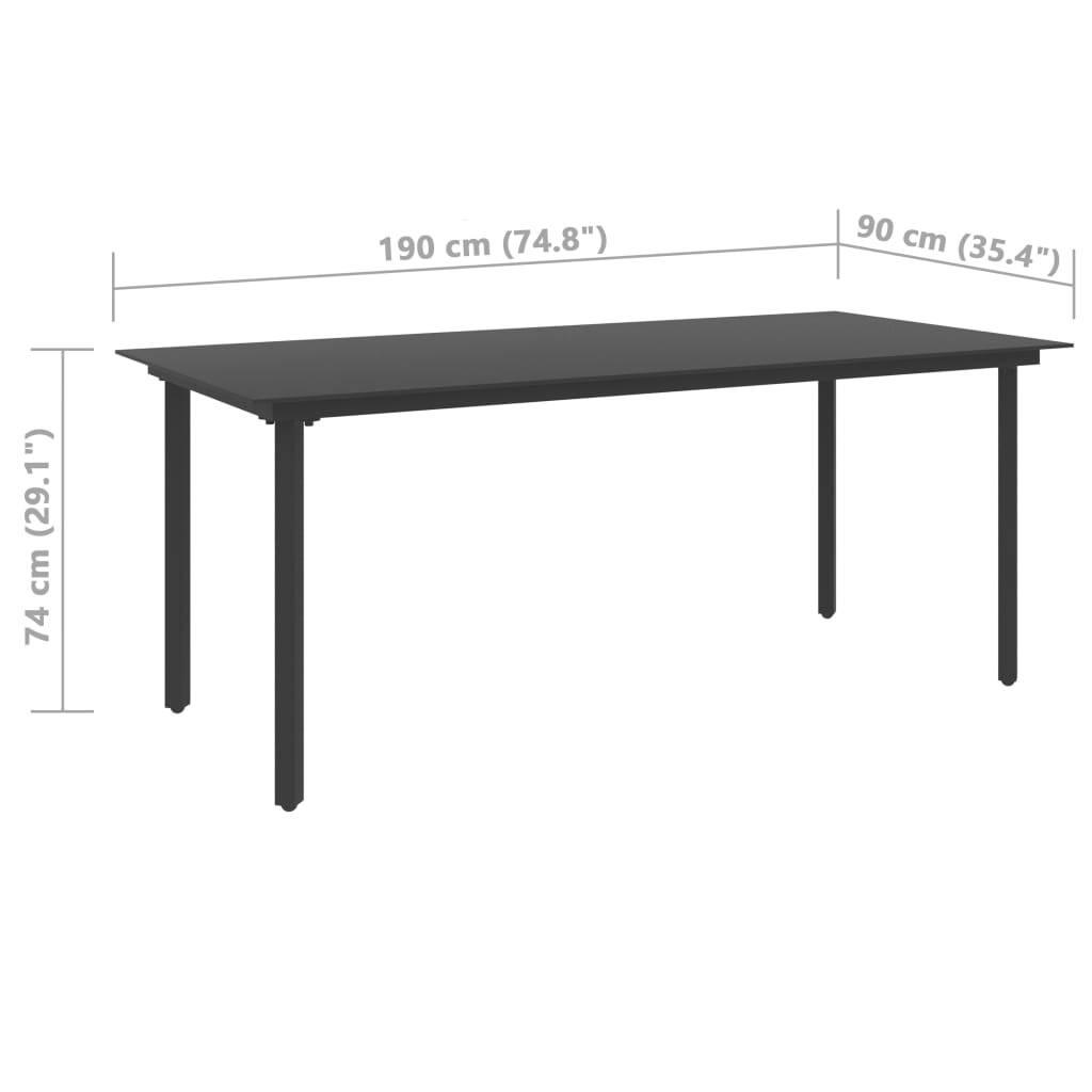 vidaXL Mesa de comedor para jardín acero y vidrio negro 190x90x74 cm