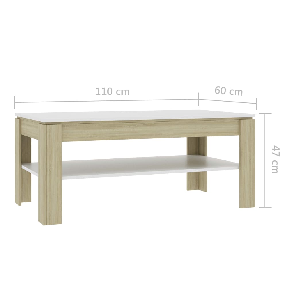 vidaXL Mesa de centro madera contrachapada blanco y roble 110x60x47 cm