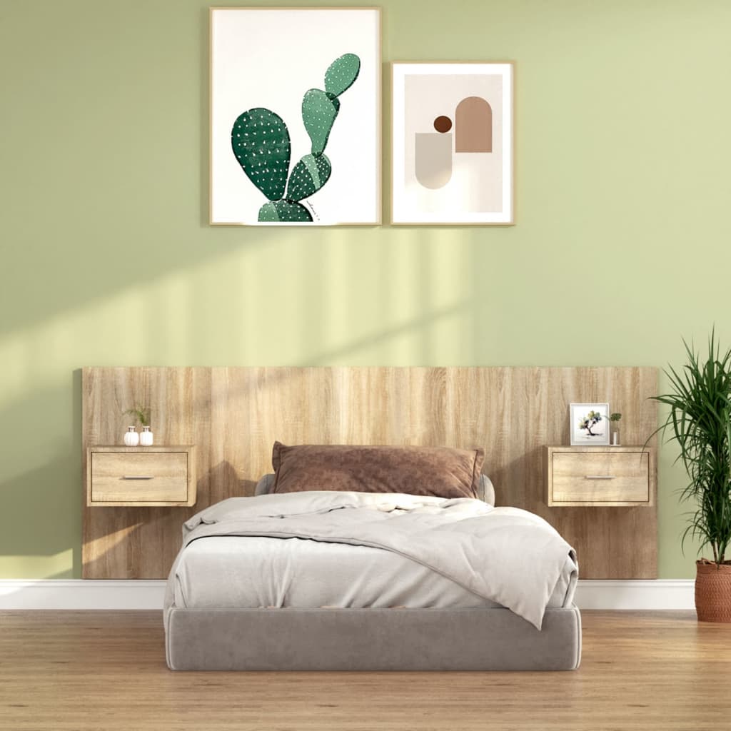 vidaXL Cabecero de cama con mesitas madera contrachapada roble Sonoma