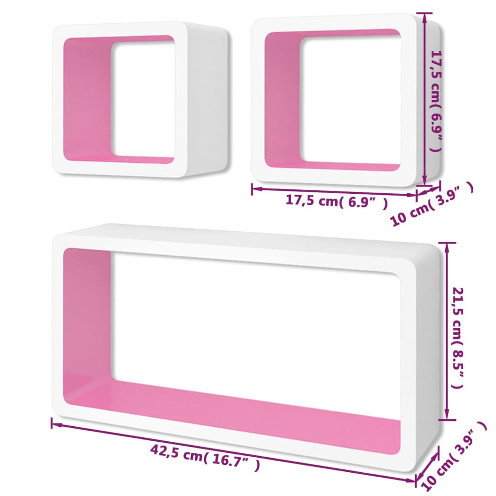 vidaXL Estantes flotantes pared 3 pzas libros/DVD MDF blanco rosa