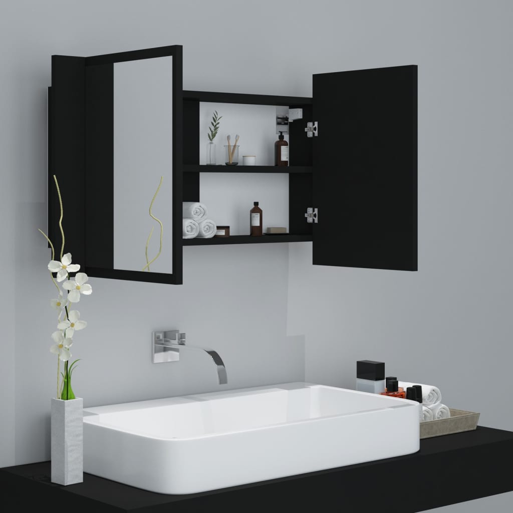 vidaXL Armario espejo de baño con luz LED acrílico negro 80x12x45 cm