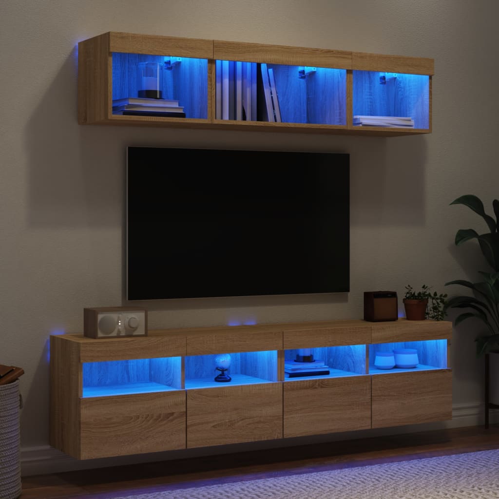 vidaXL Muebles TV pared con LED 5 pzas madera ingeniería roble Sonoma