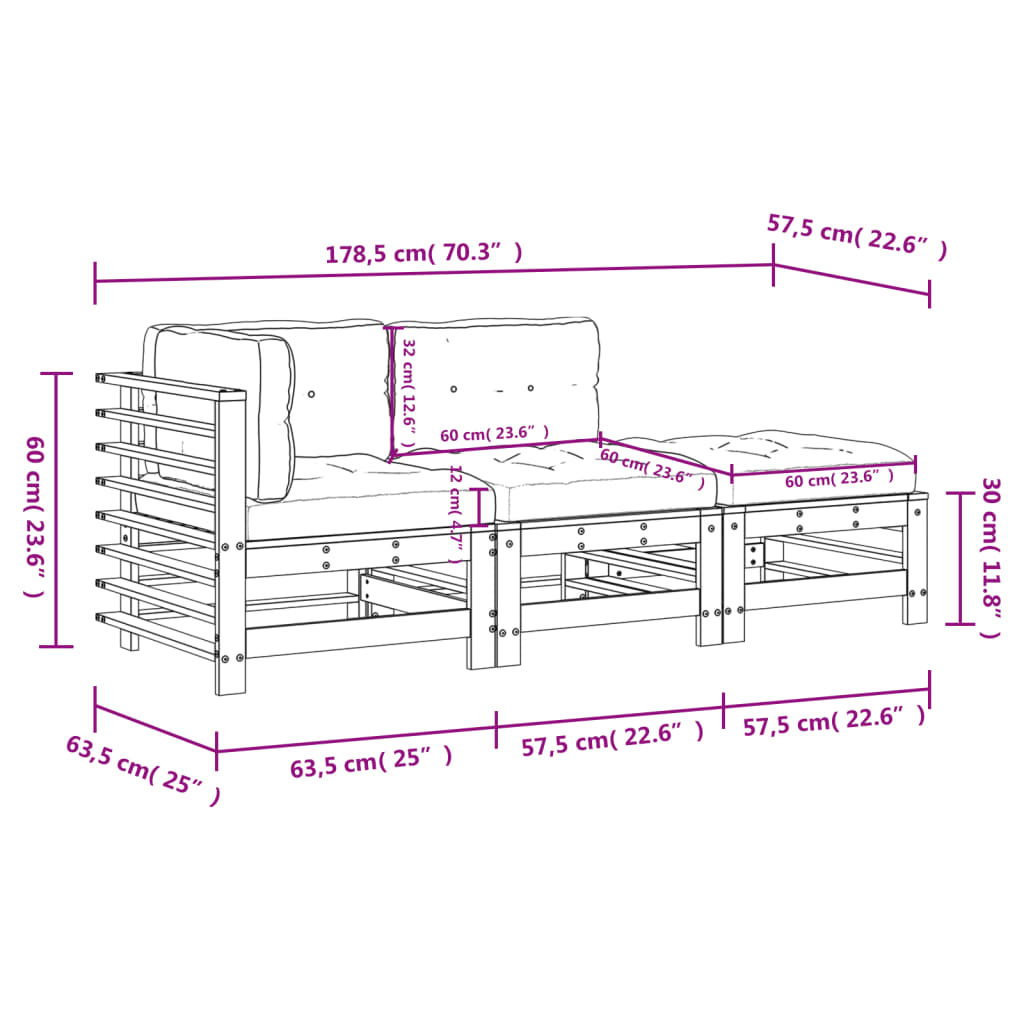 vidaXL Juego de sofás de jardín 3 pzas con cojines madera maciza gris