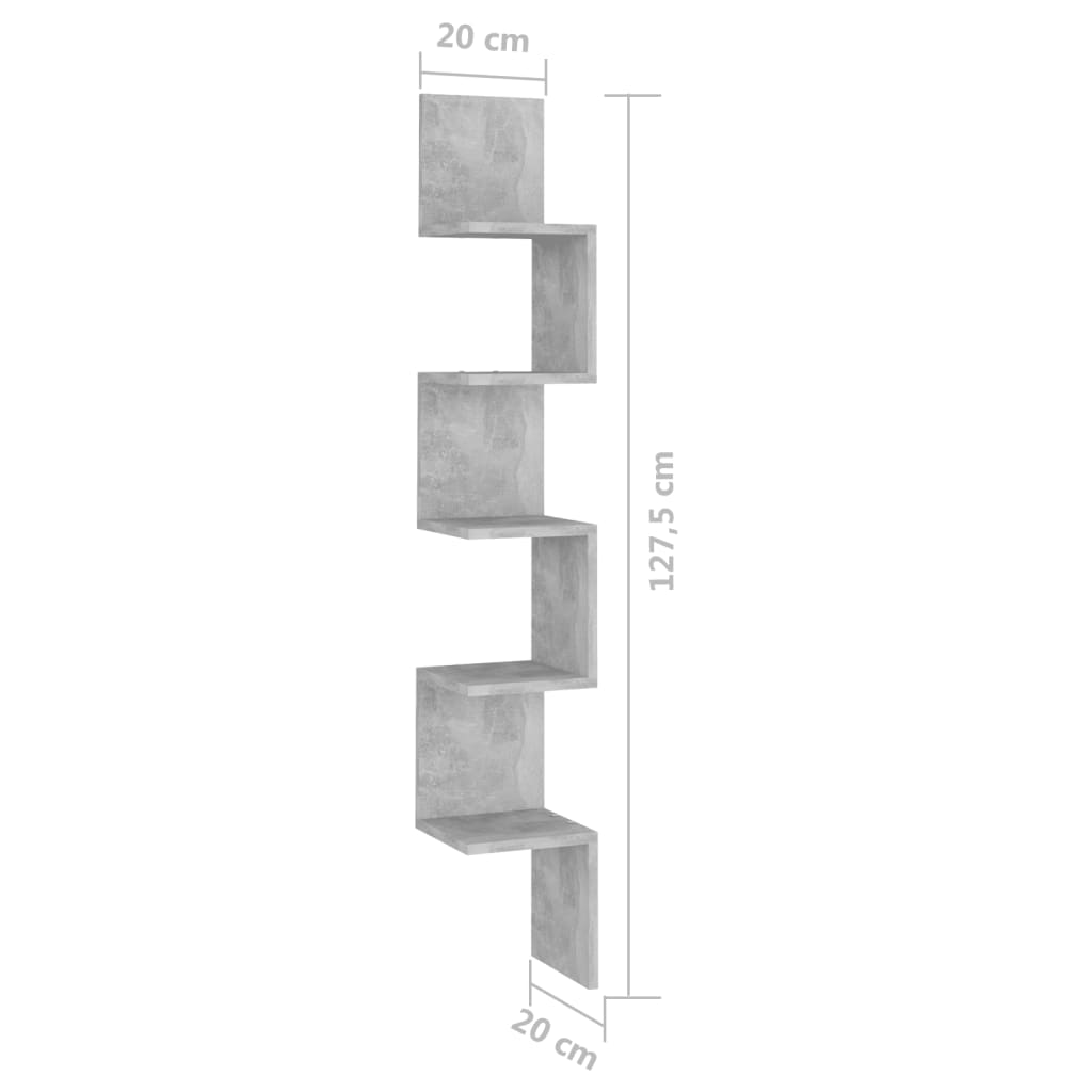 vidaXL Estante de esquina pared aglomerado gris hormigón 20x20x127,5cm