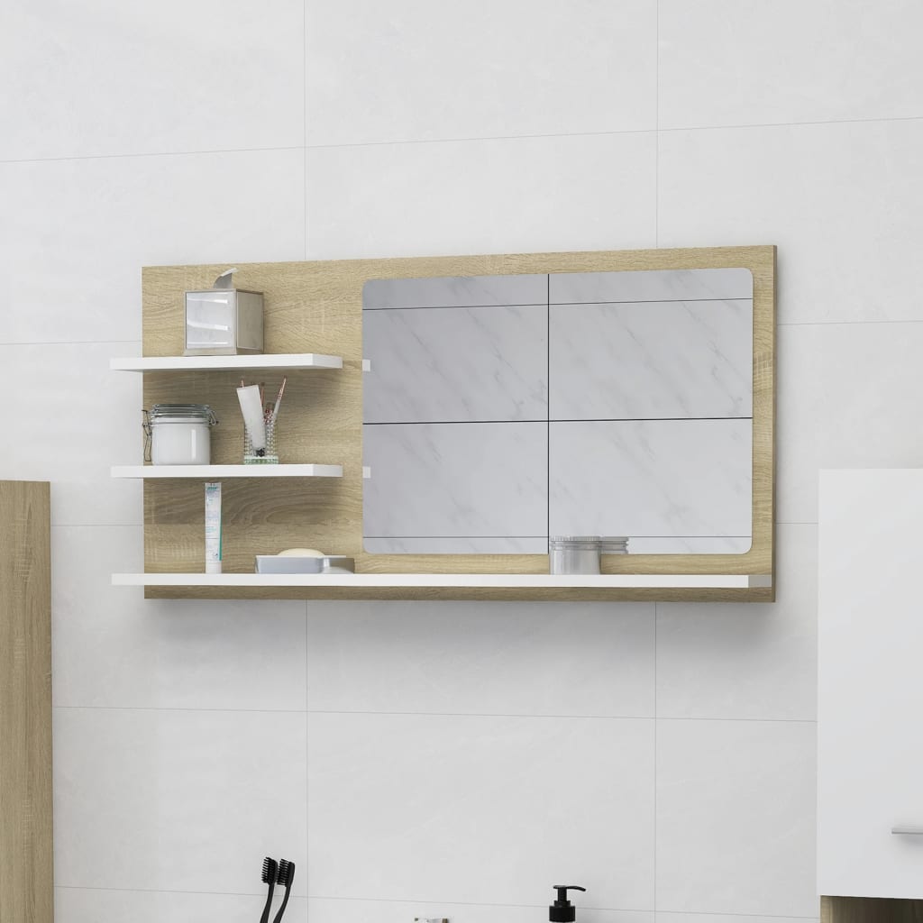 vidaXL Espejo de baño aglomerado blanco y roble Sonoma 90x10,5x45 cm
