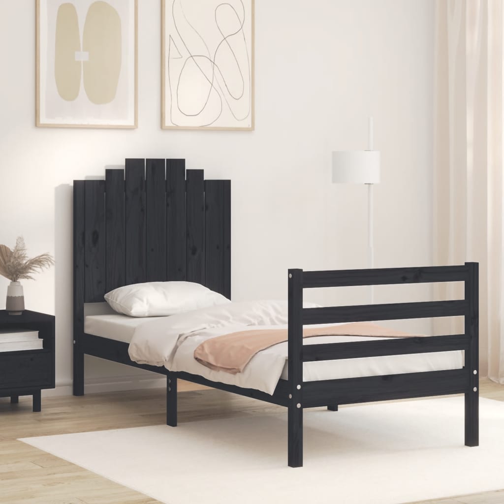 vidaXL Estructura de cama individual con cabecero madera maciza negro