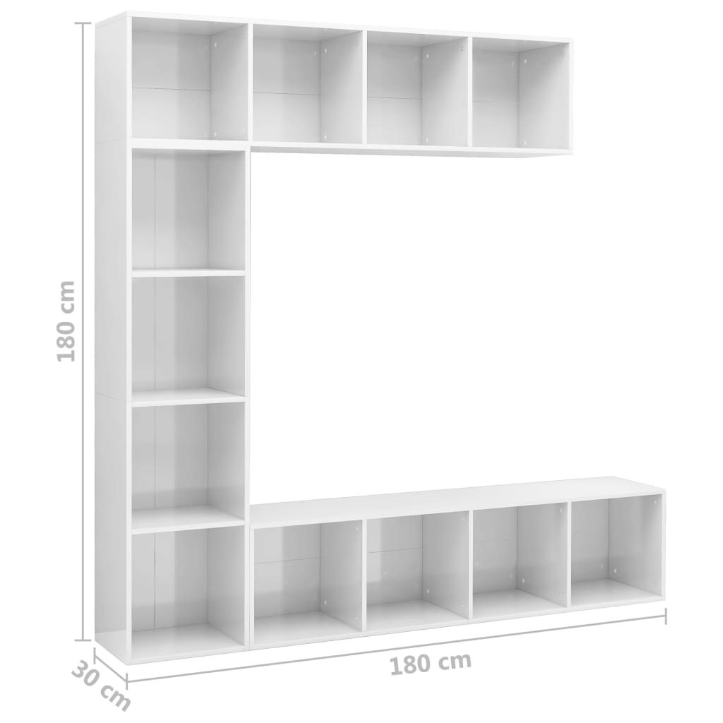 vidaXL Mueble de TV y librería 3 piezas blanco brillo 180x30x180 cm
