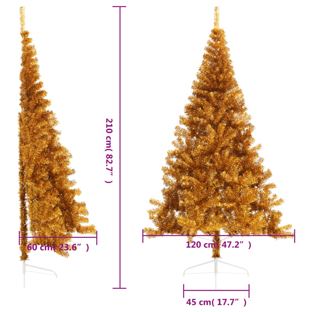 vidaXL Medio árbol de Navidad artificial con soporte PET dorado 210 cm