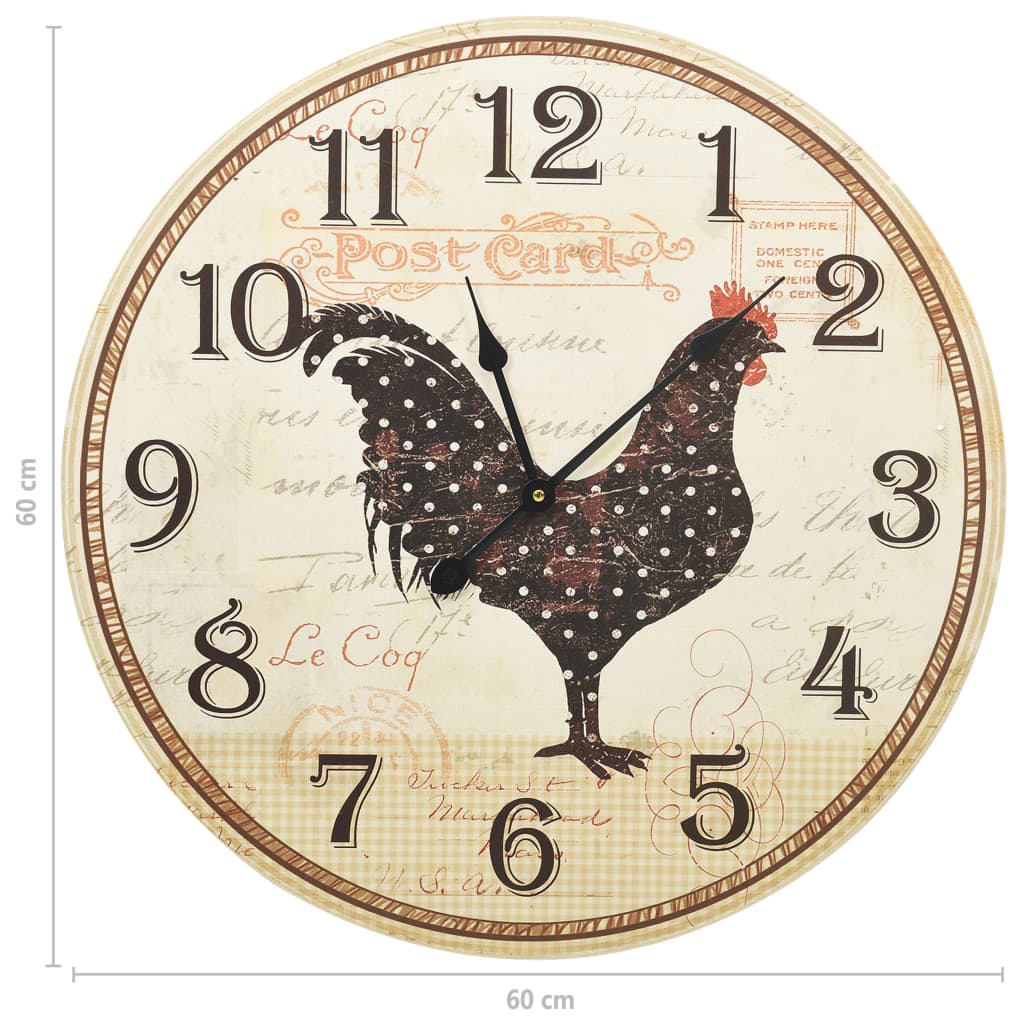vidaXL Reloj de pared con diseño de gallo multicolor MDF 60 cm