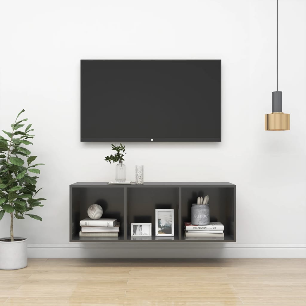 vidaXL Mueble TV pared madera contrachapada gris brillo 37x37x107 cm
