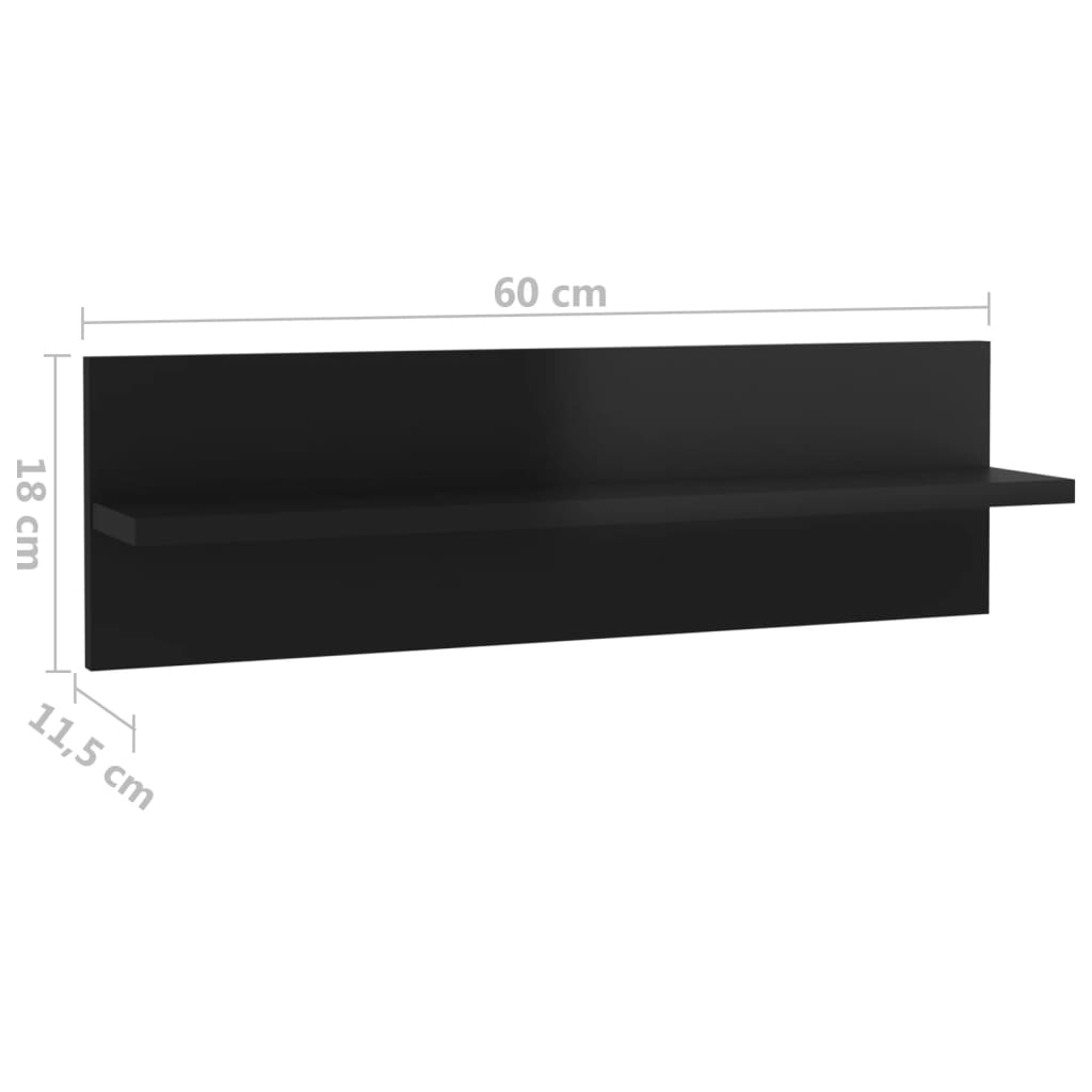 vidaXL Estante de pared 2 uds contrachapado negro brillo 60x11,5x18 cm