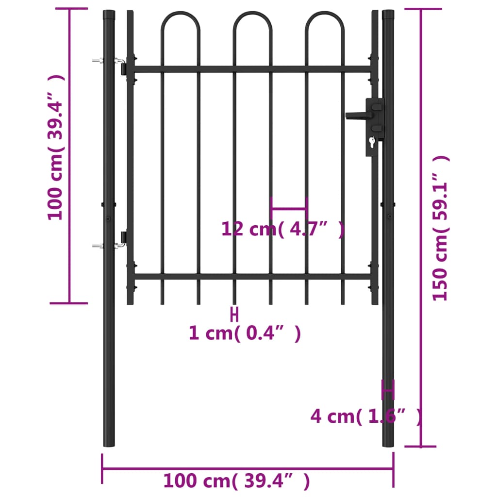 vidaXL Cancela de valla con una puerta y arcos acero negro 1x1 m