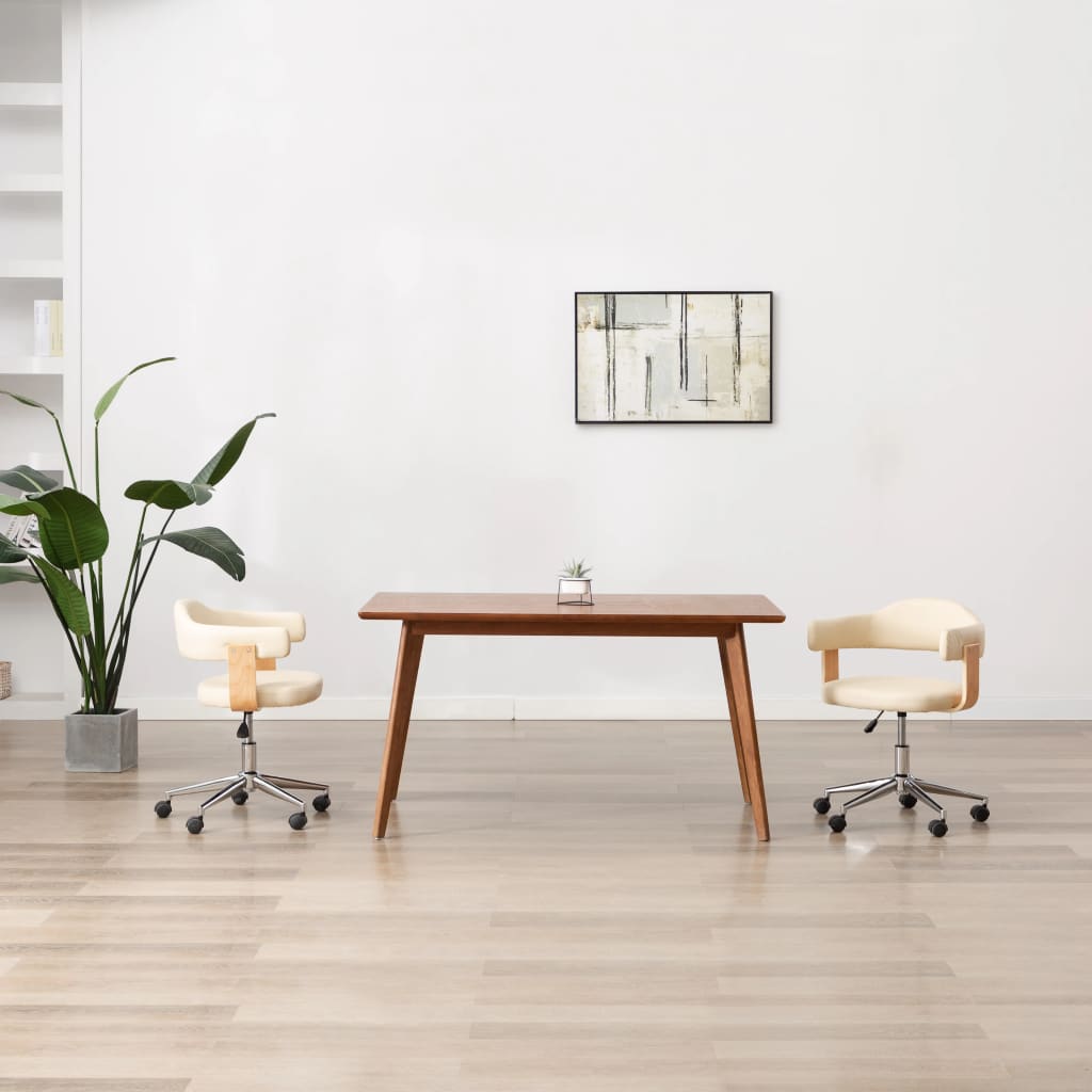 vidaXL Silla de oficina giratoria madera curvada cuero sintético crema