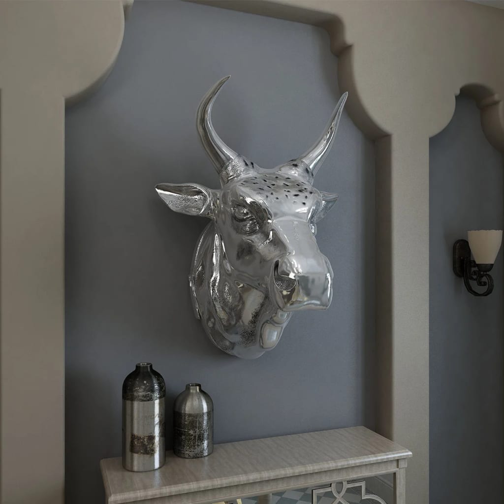 vidaXL Cabeza de vaca decorativa para pared de aluminio plateado