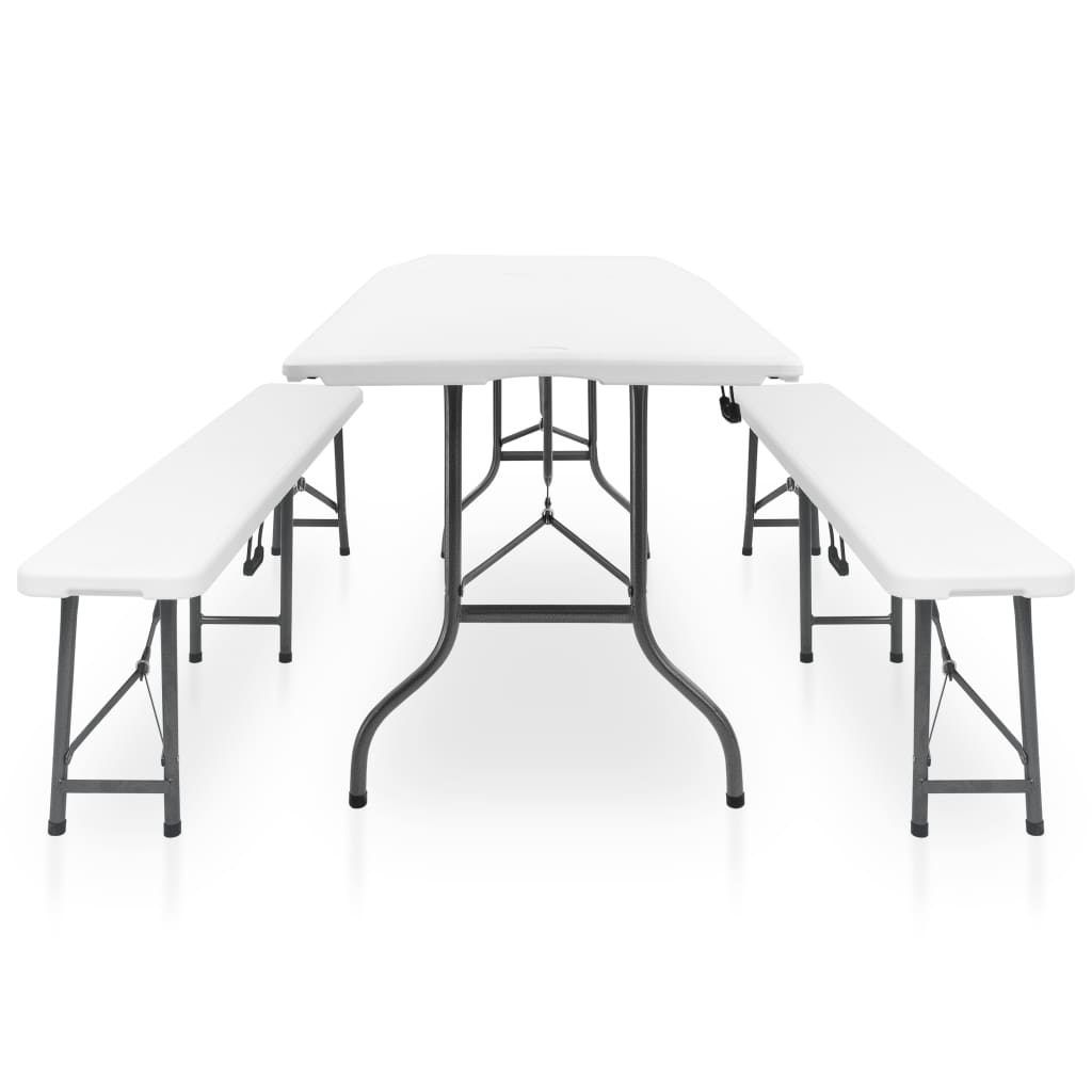 vidaXL Mesa de jardín plegable con 2 bancos acero y HDPE blanco 180 cm