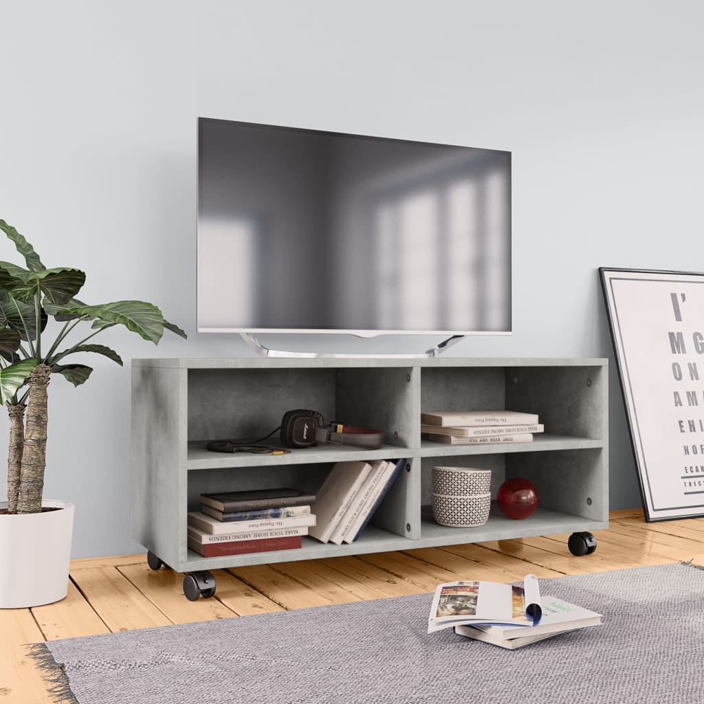 vidaXL Mueble de TV con ruedas contrachapada gris hormigón 90x35x35 cm