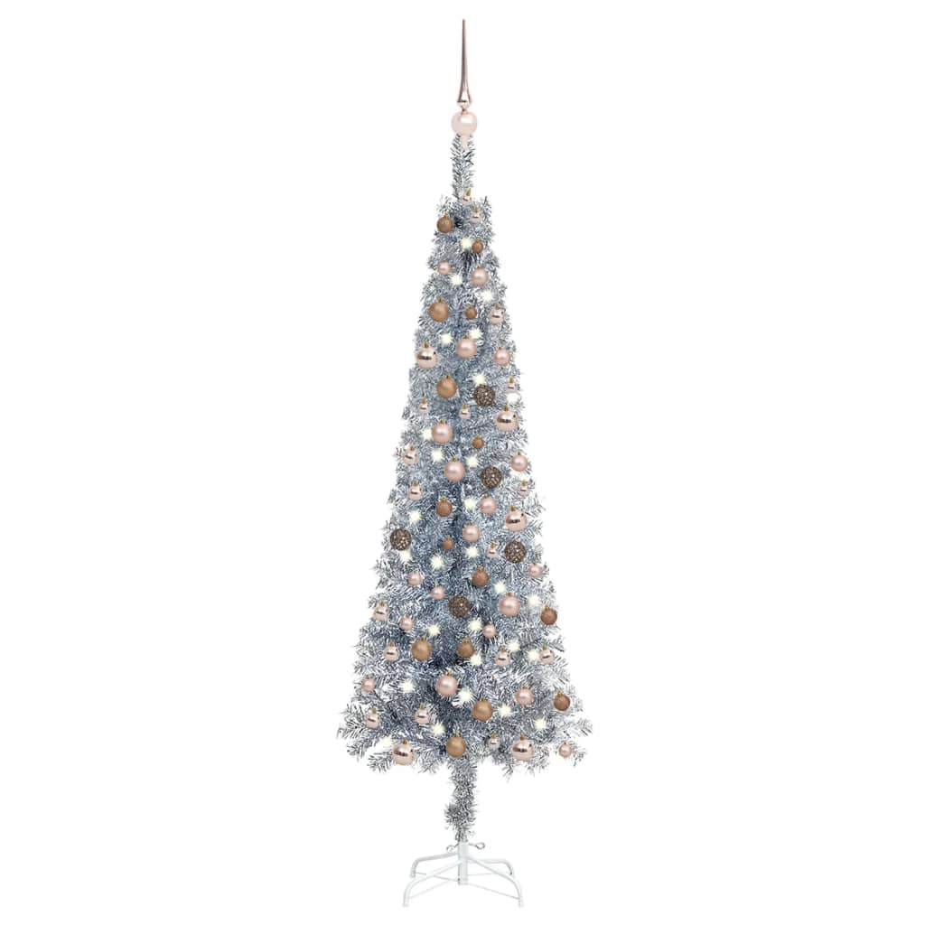 vidaXL Árbol de Navidad delgado con luces y bolas plateado 180 cm