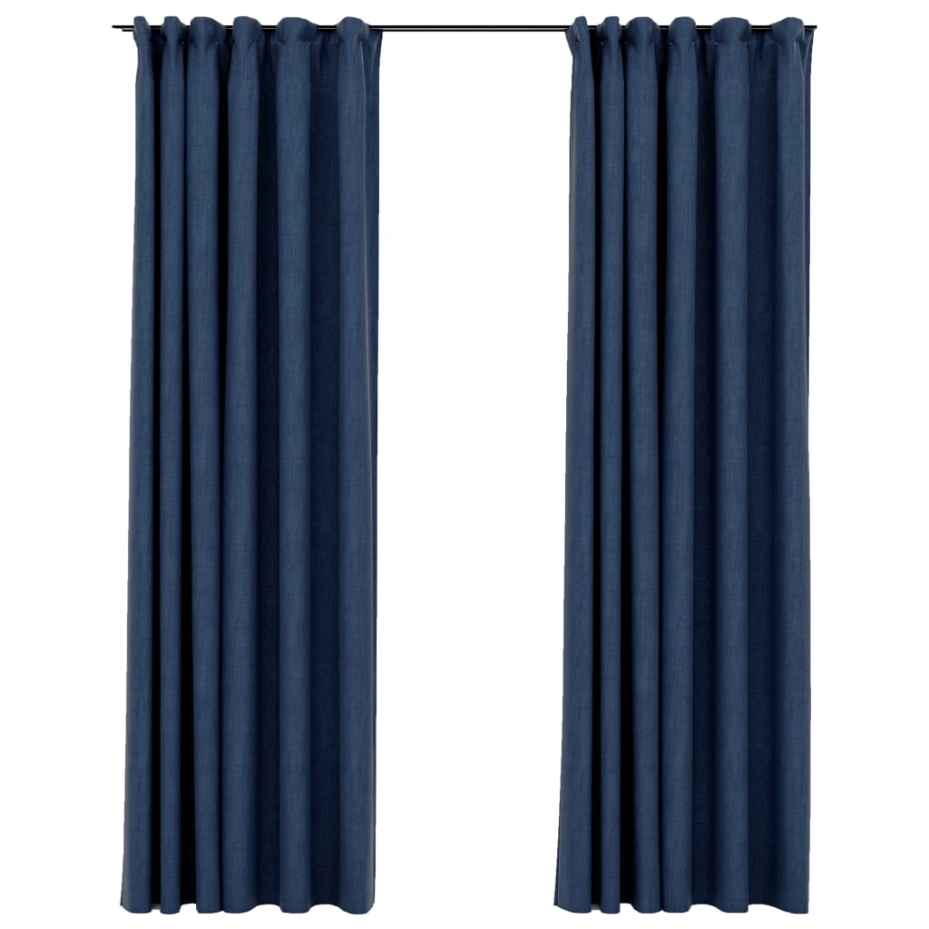 vidaXL Cortinas opacas con ganchos look de lino 2 pzas azul 140x225 cm
