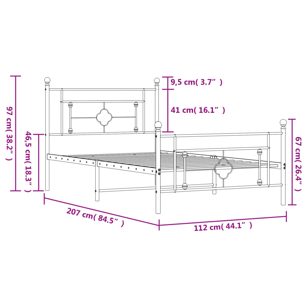 vidaXL Estructura de cama con cabecero y estribo metal negro 107x203cm