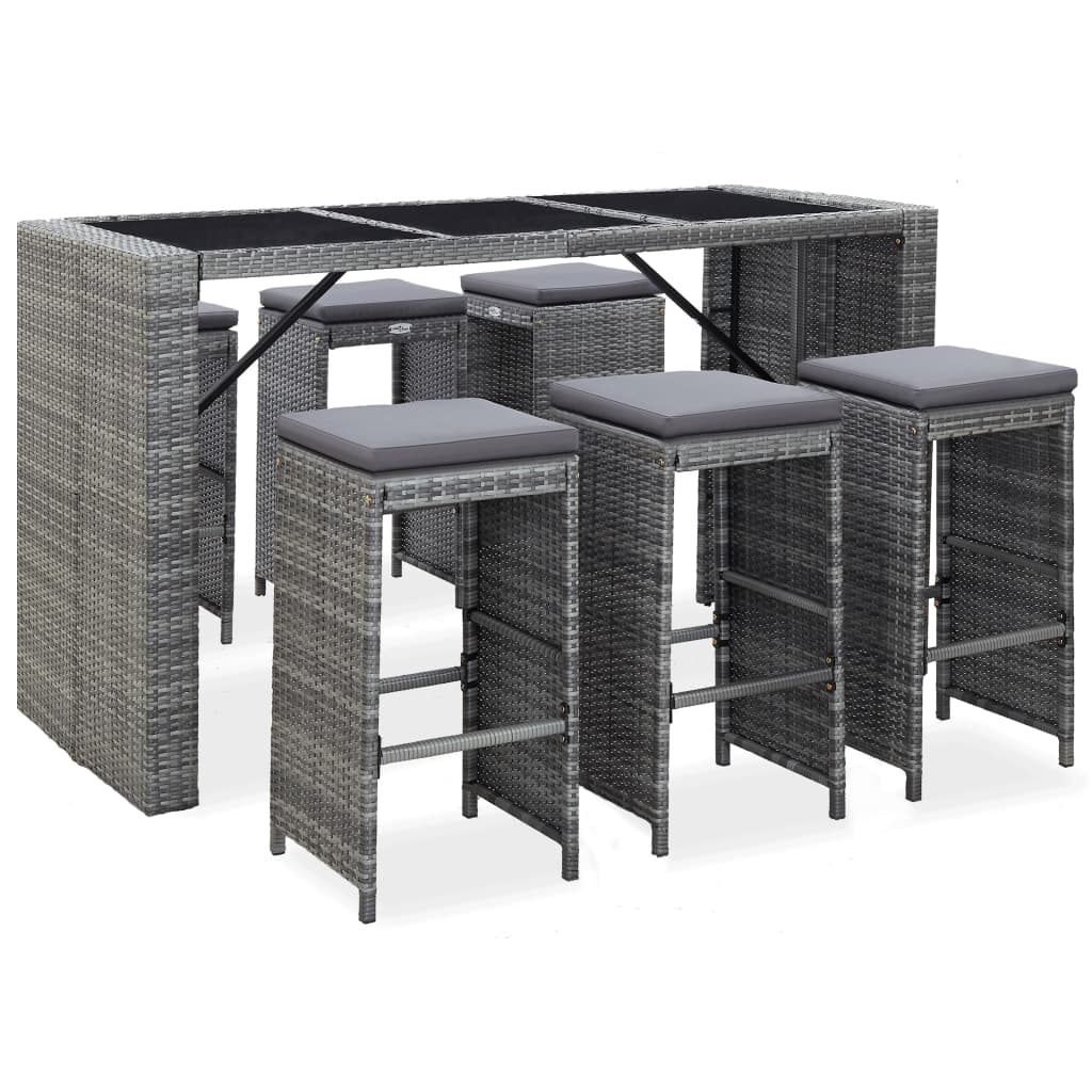 vidaXL Mesa y sillas de bar jardín 7 pzas cojines ratán sintético gris