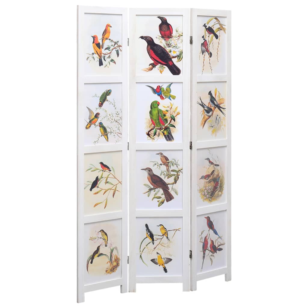 vidaXL Biombo divisor de 3 paneles pájaros blanco 105x165 cm