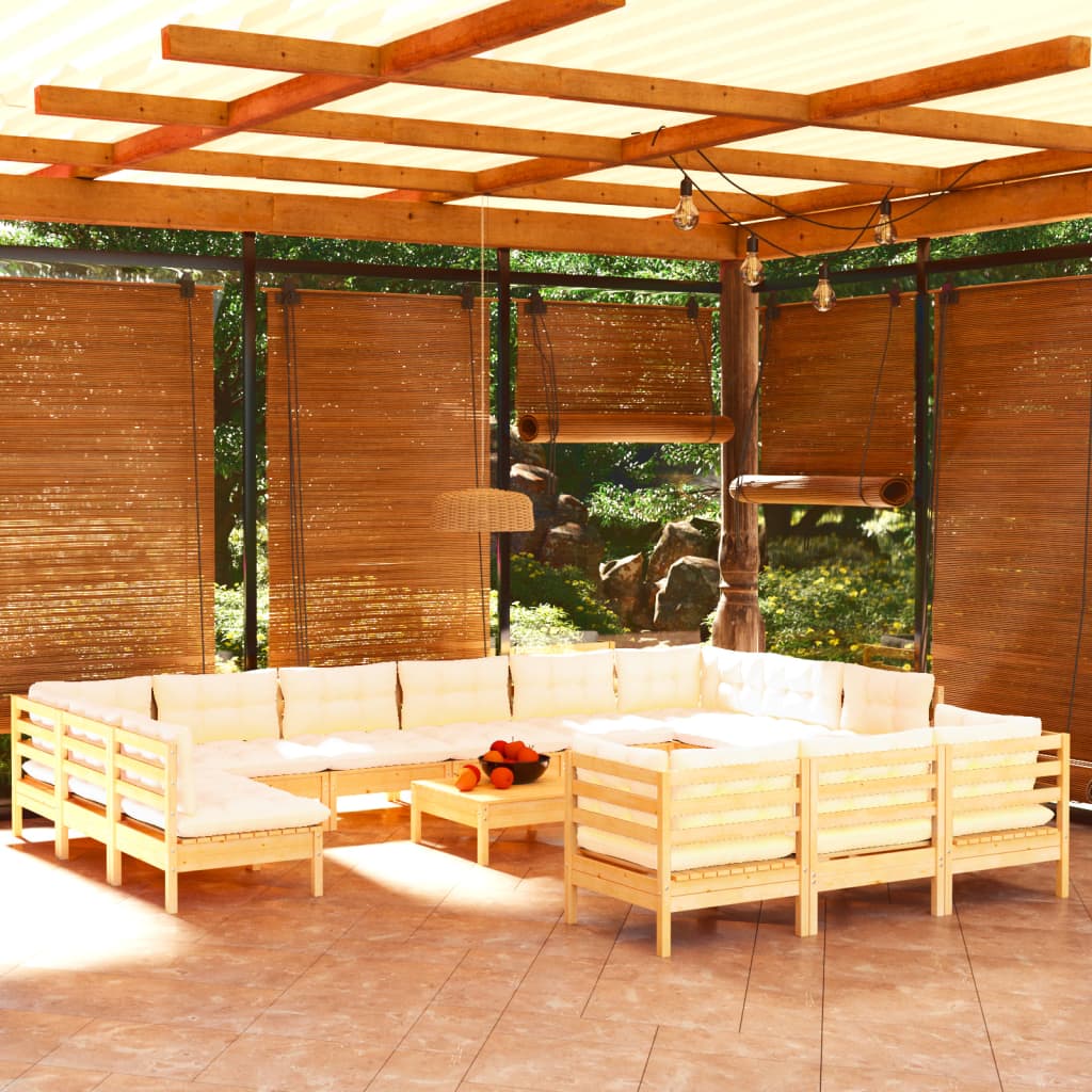 vidaXL Muebles de jardín 14 piezas y cojines madera de pino crema