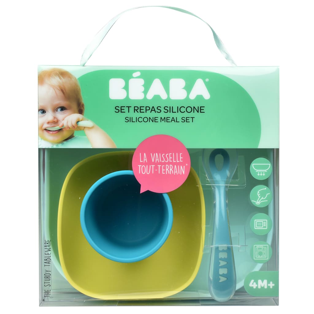 Beaba Vajilla para bebé 4 piezas silicona azul y verde
