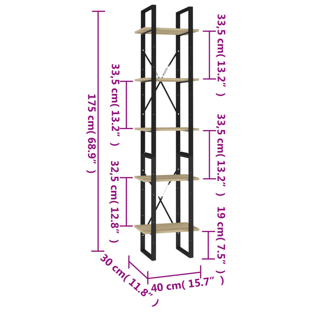 vidaXL Estantería 5 niveles madera de ingeniería Sonoma 40x30x175 cm