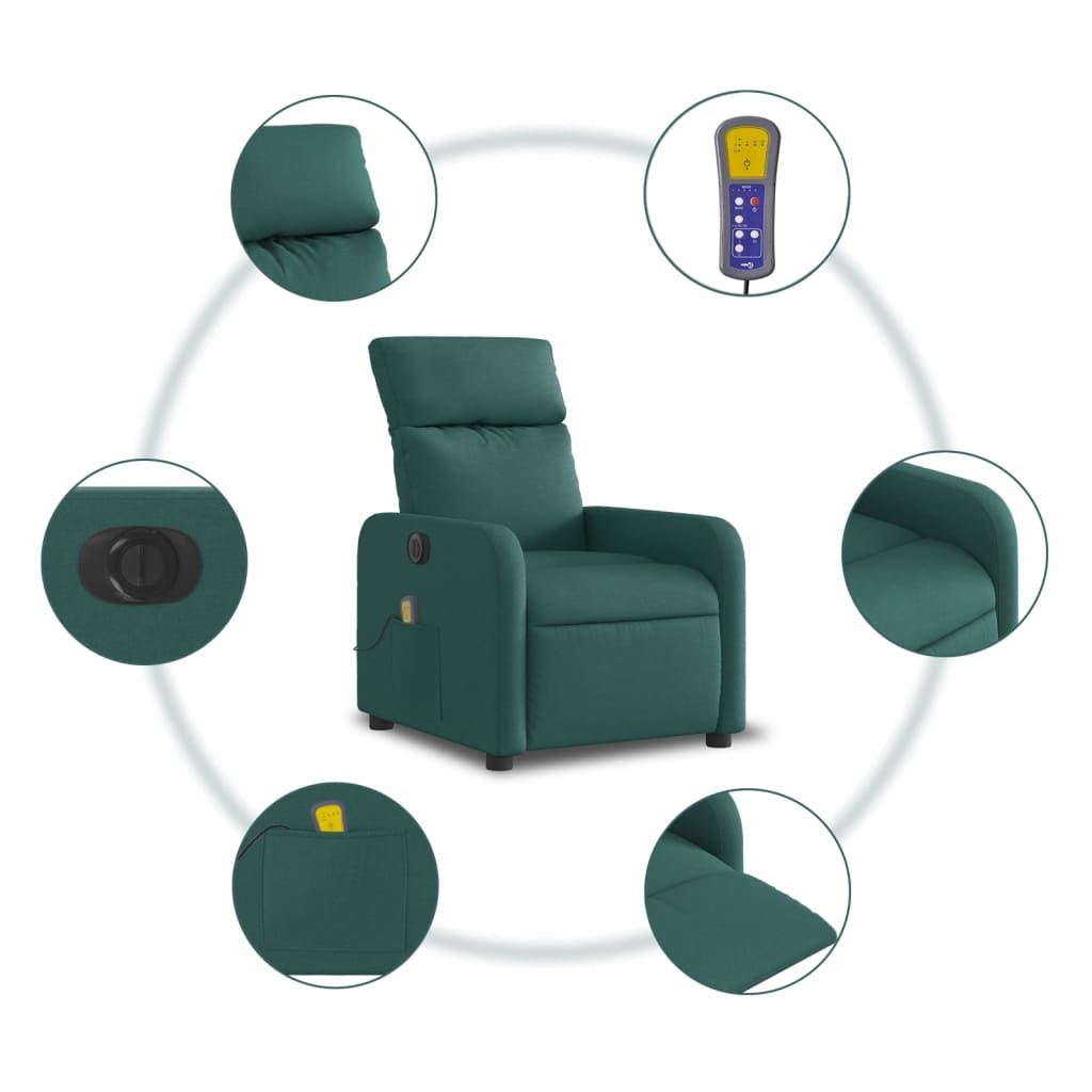 vidaXL Sillón reclinable de masaje eléctrico tela verde oscuro