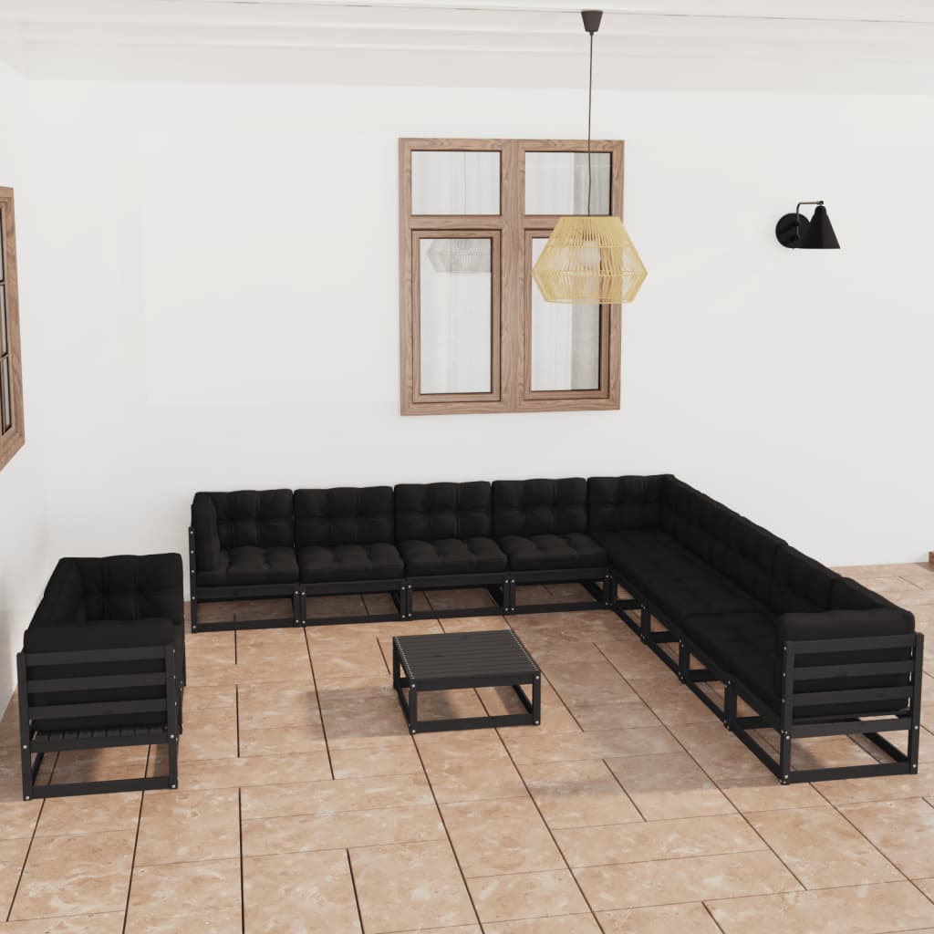 vidaXL Set de muebles de jardín 12 pzas con cojines madera pino negro