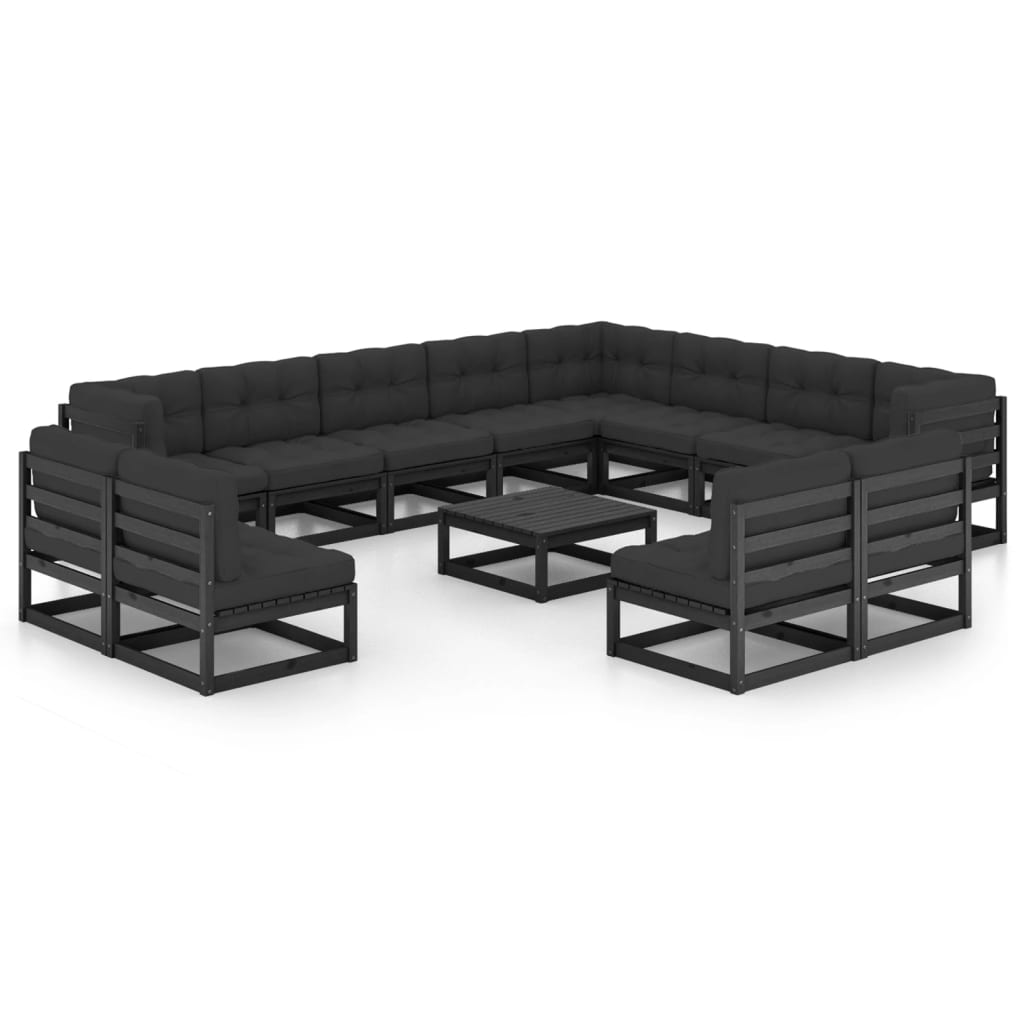 vidaXL Set de muebles de jardín 14 pzas con cojines madera pino negro