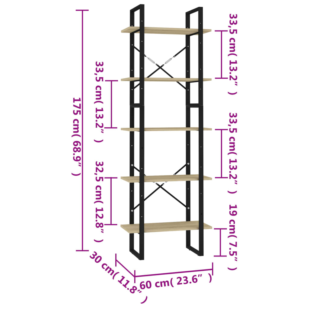 vidaXL Estantería 5 niveles madera de ingeniería Sonoma 60x30x175 cm