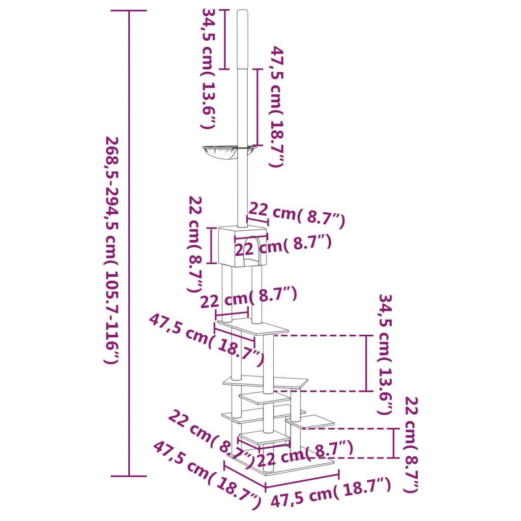 vidaXL Árbol rascador para gatos de suelo a techo crema 268,5-294,5 cm