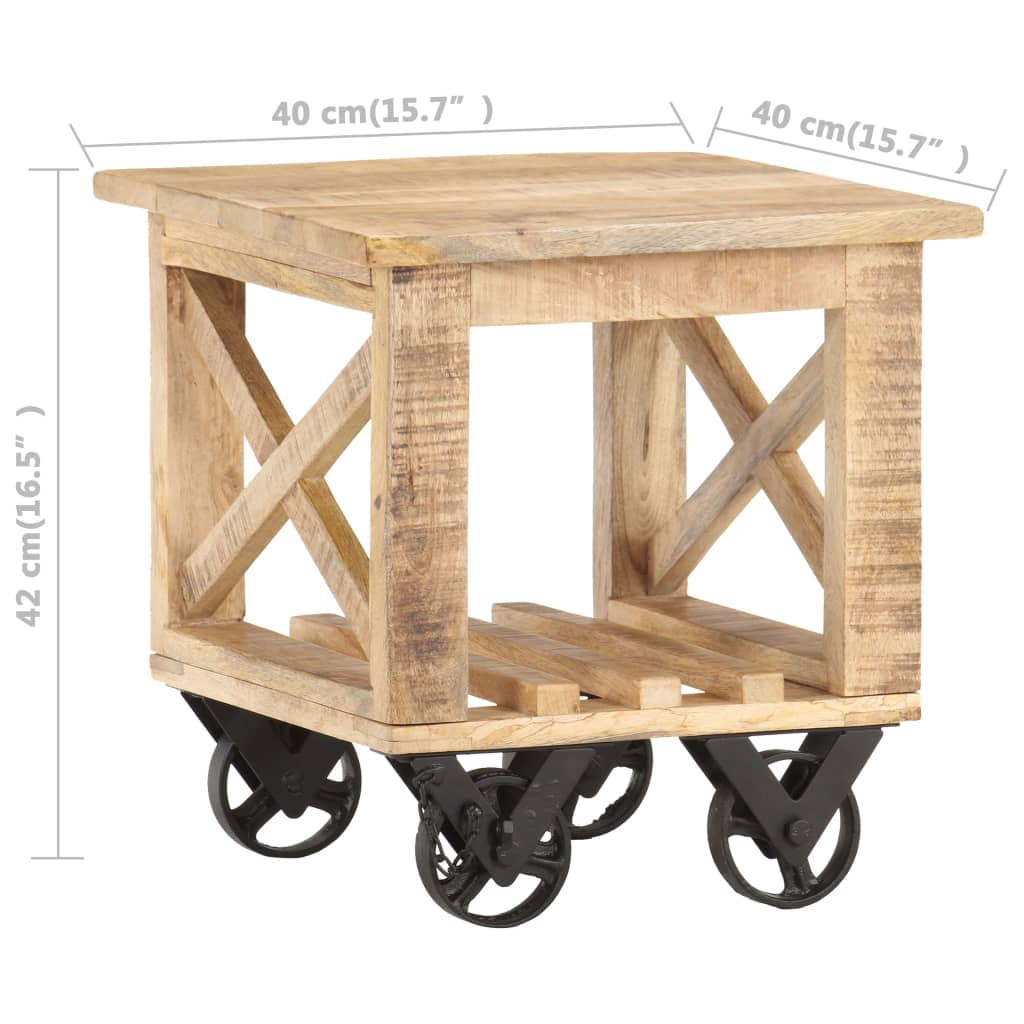 vidaXL Mesa auxiliar con ruedas madera de mango rugosa 40x40x42 cm