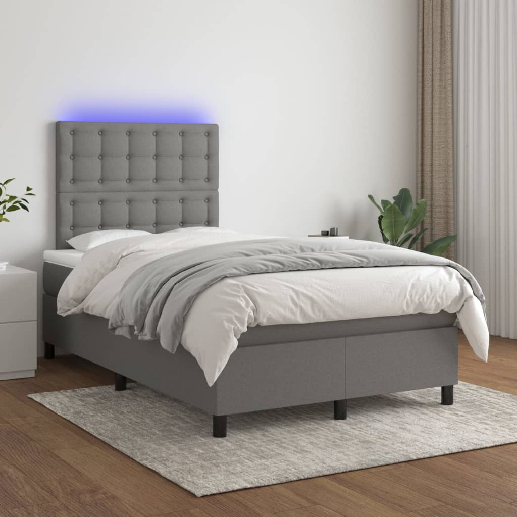 vidaXL Cama box spring con colchón y LED tela gris oscuro 120x200 cm