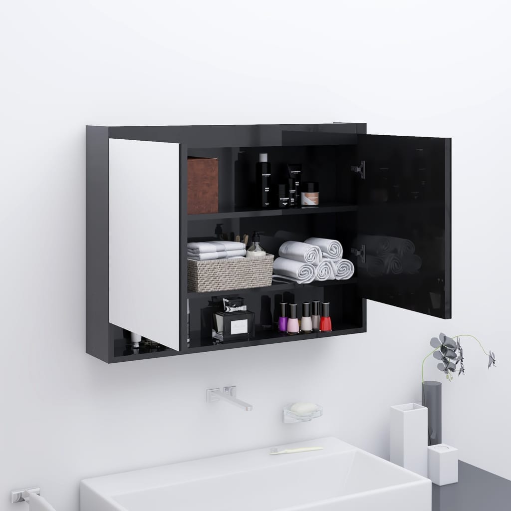 vidaXL Armario de baño con espejo MDF negro brillante 80x15x60 cm