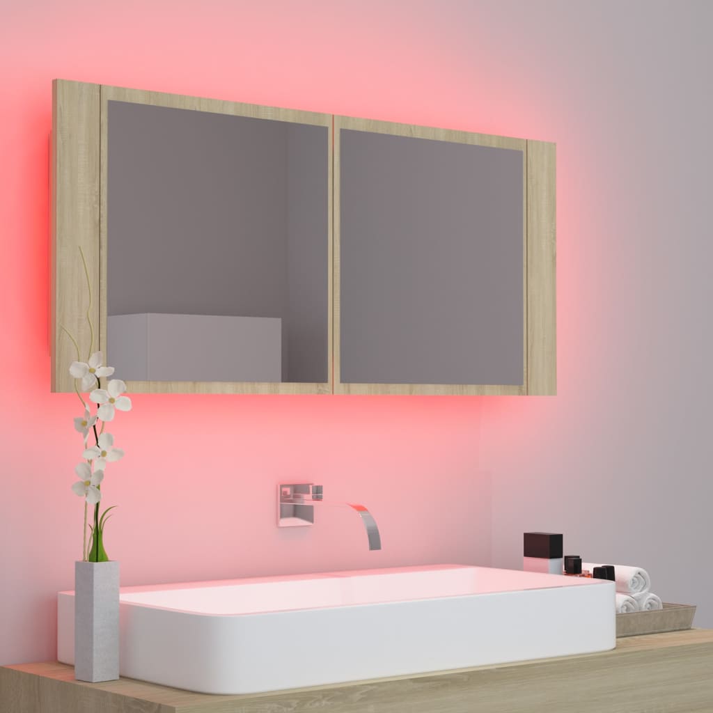 vidaXL Armario espejo de baño LED acrílico roble Sonoma 100x12x45 cm