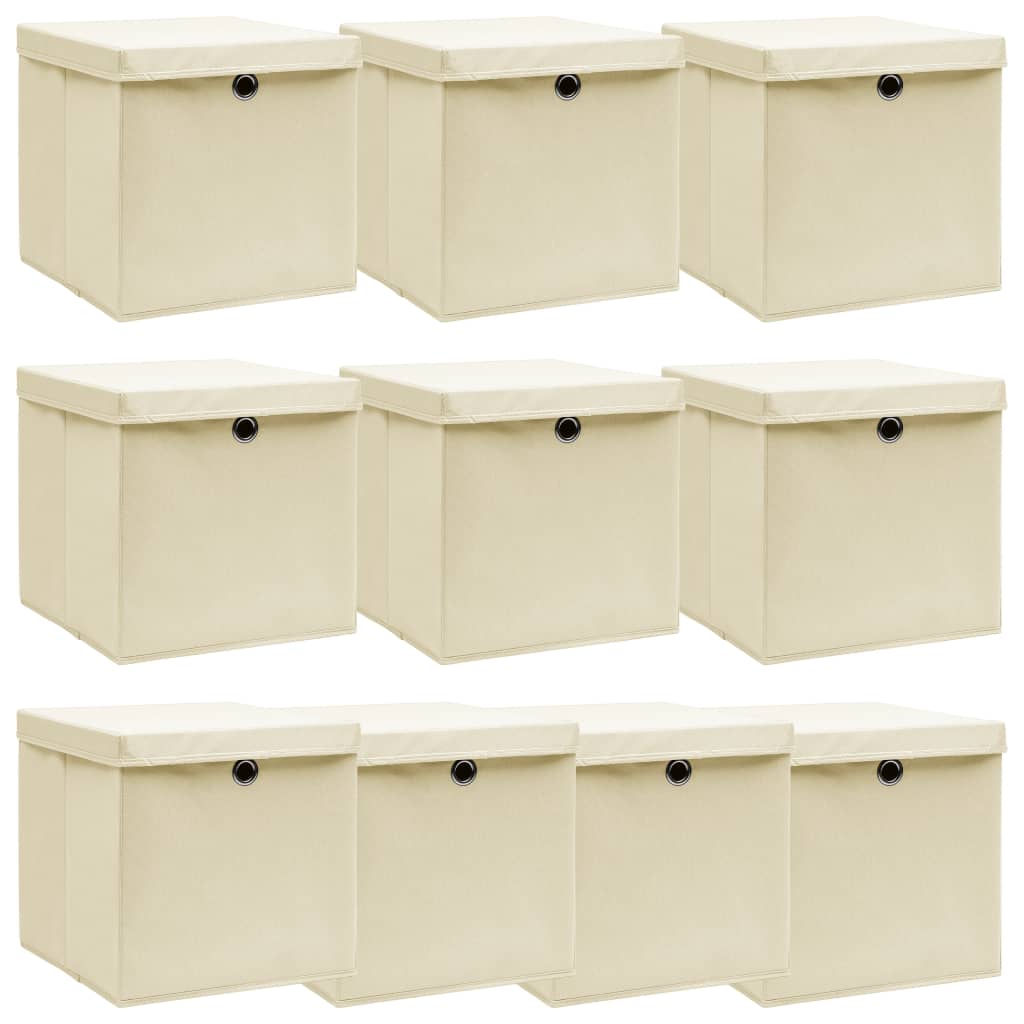 vidaXL Cajas de almacenaje con tapas 10 uds tela crema 32x32x32 cm