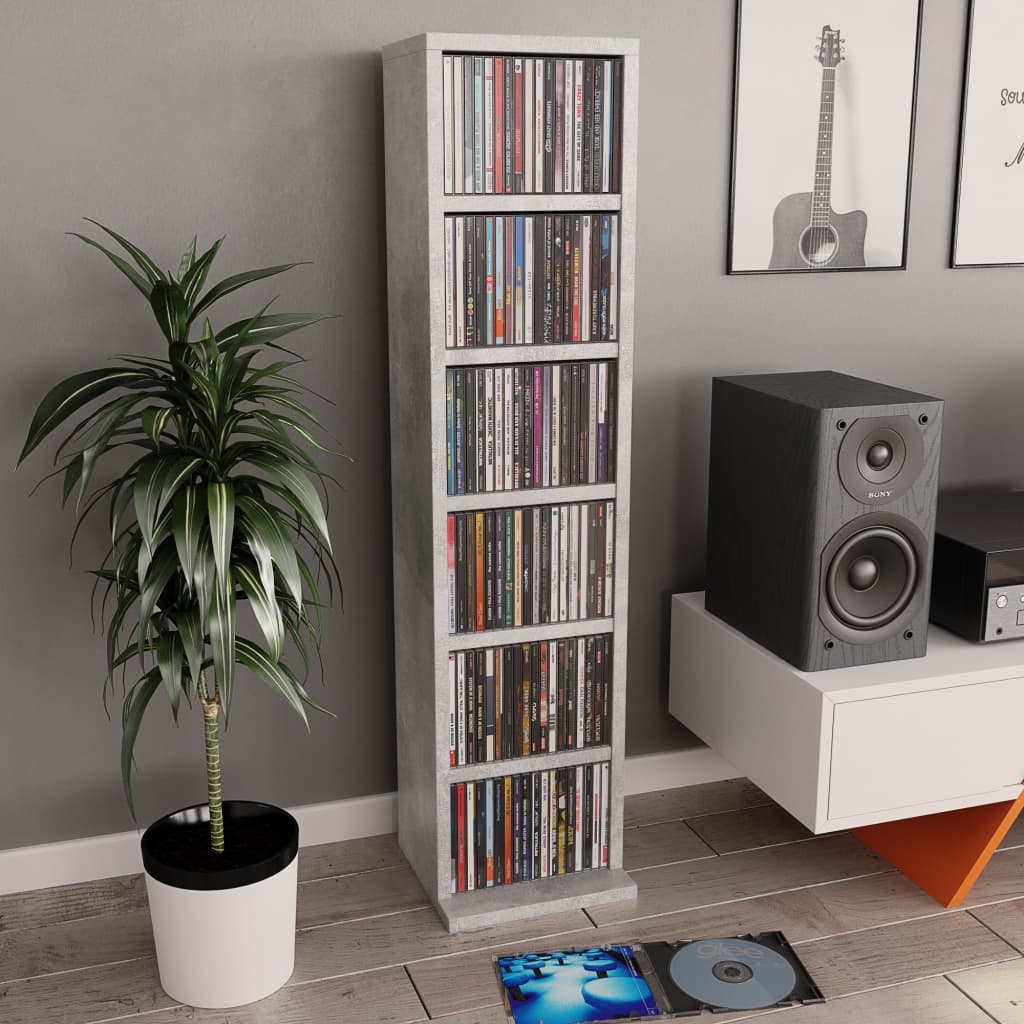 vidaXL Estantería de CDs madera contrachapada gris hormigón 21x20x88cm