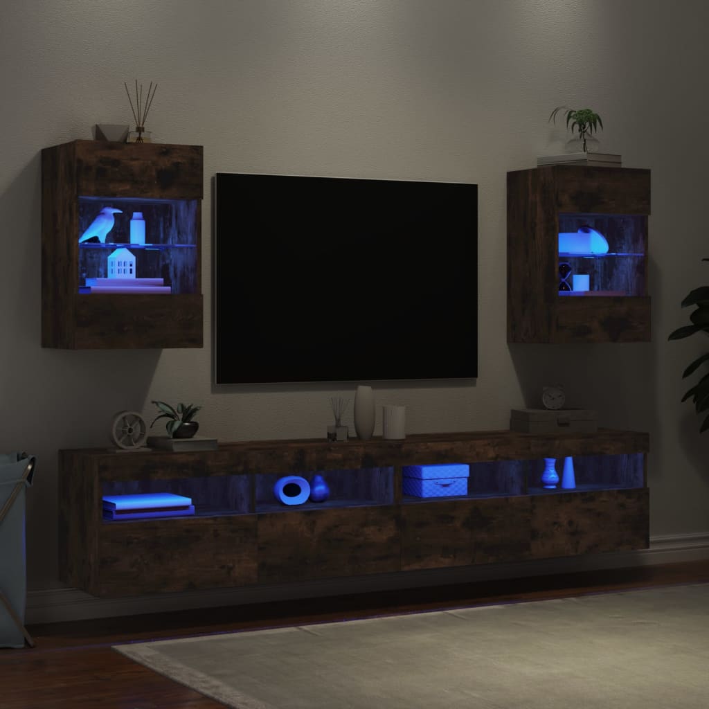 vidaXL Muebles TV de pared luces LED 2 uds roble ahumado 40x30x60,5 cm