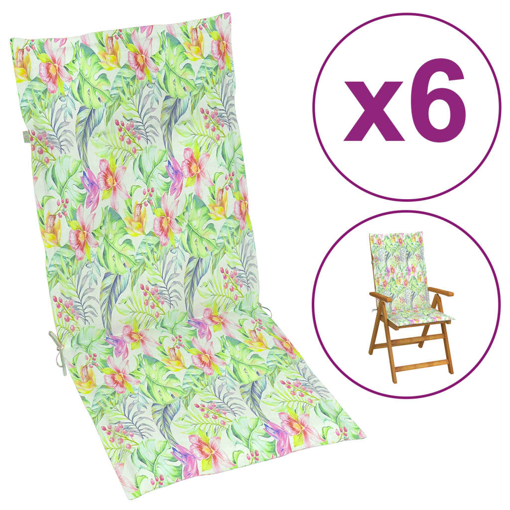 vidaXL Cojín silla de jardín respaldo alto 6 uds tela hojas 120x50x3cm