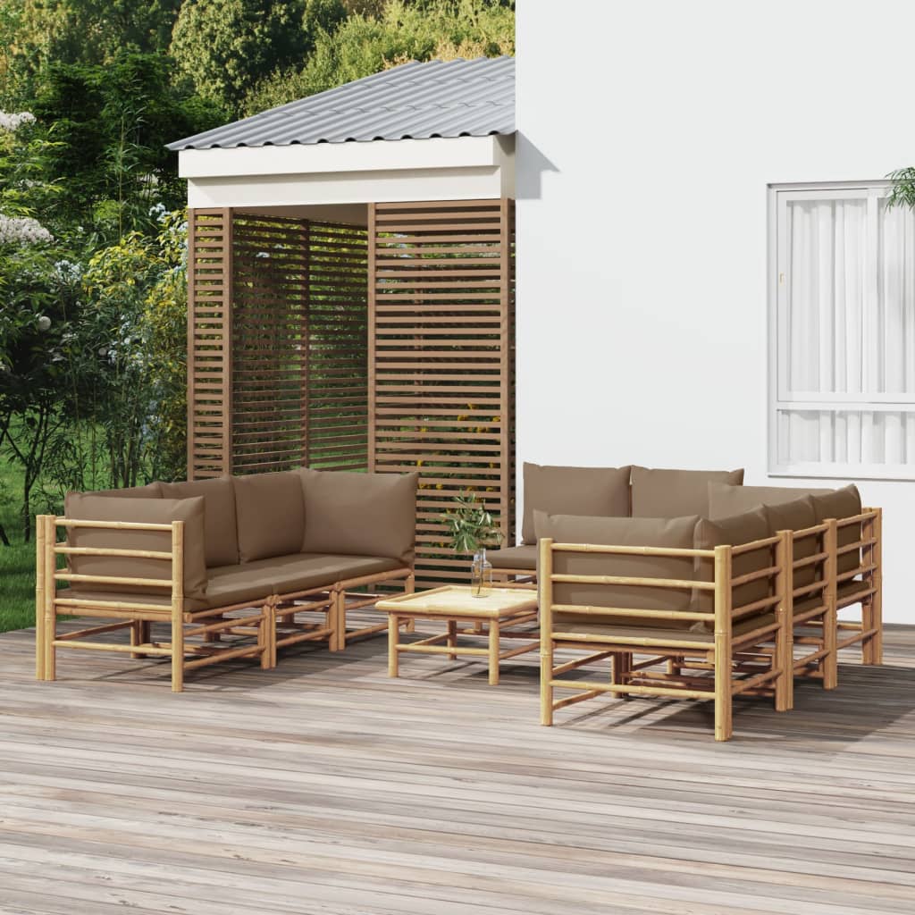 vidaXL Set de muebles de jardín 9 piezas bambú y cojines gris taupé