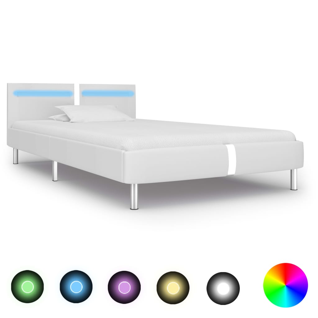 vidaXL Estructura de cama con LED de cuero sintético blanco 90x200 cm