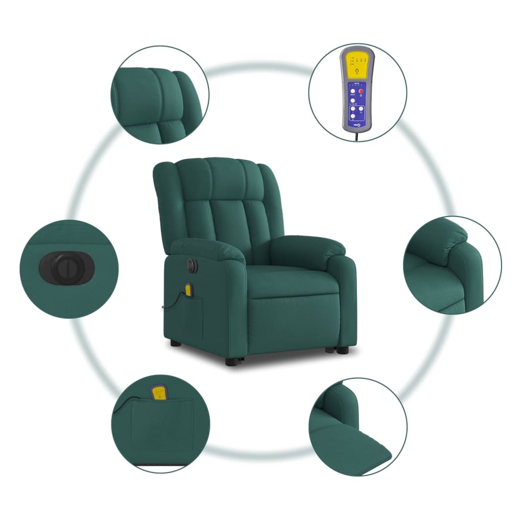 vidaXL Sillón masaje eléctrico reclinable elevable tela verde oscuro