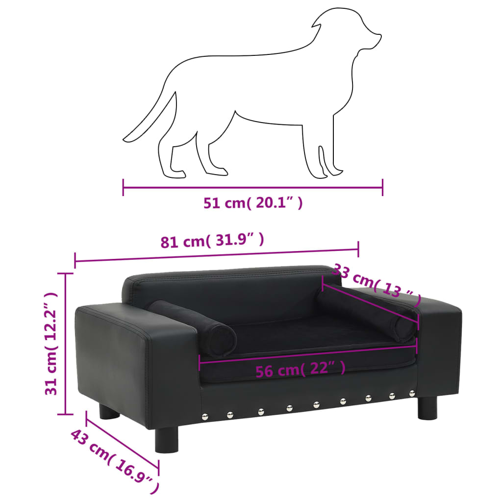 vidaXL Sofá para perros felpa y cuero sintético negra 81x43x31 cm