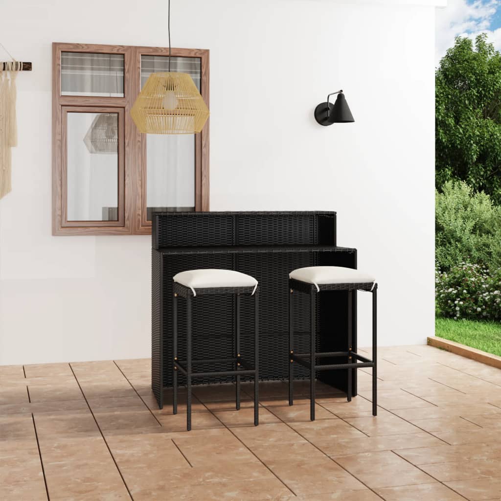 vidaXL Set muebles de bar para jardín 3 piezas y cojines negro