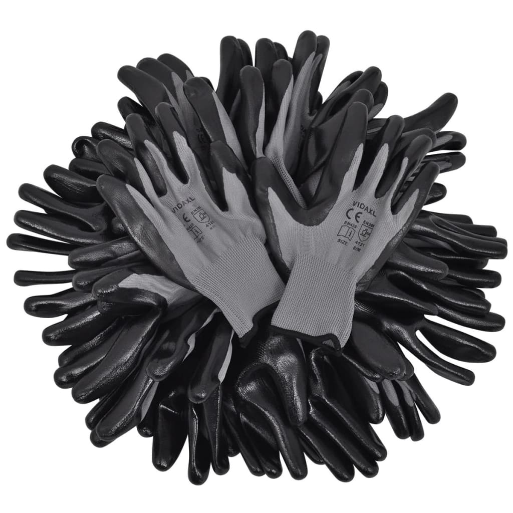 vidaXL Guantes de trabajo de nitrilo 24 pares gris y negro talla 8/M