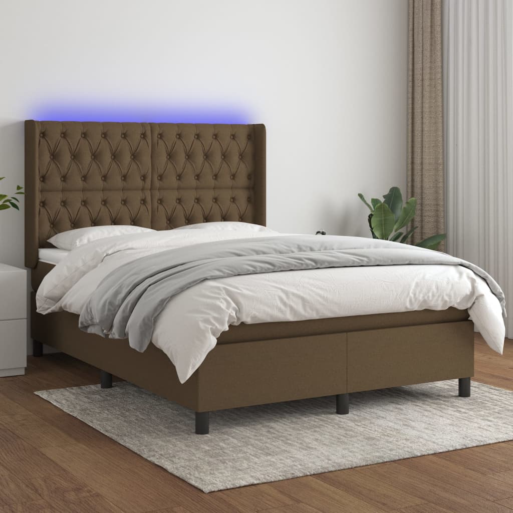 vidaXL Cama box spring colchón luces LED tela marrón oscuro 140x200cm